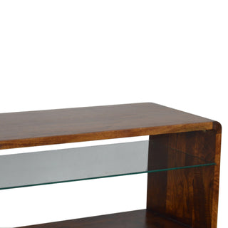 Praxis Media Unit Chestnut Mango Wood Waterfall Frame Glass Shelf Insert No-Drawer Open Design