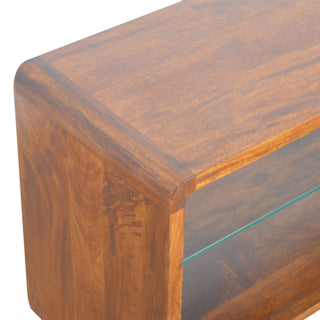 Praxis Media Unit Chestnut Mango Wood Waterfall Frame Glass Shelf Insert No-Drawer Open Design