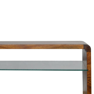 Praxis Media Unit Chestnut Mango Wood Waterfall Frame Glass Shelf Insert No-Drawer Open Design