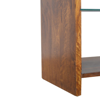 Praxis Media Unit Chestnut Mango Wood Waterfall Frame Glass Shelf Insert No-Drawer Open Design