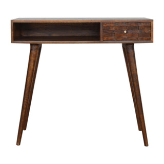 Caspar Writing Desk Mango Wood Tile-Carved Drawer Dark Chestnut With Brass Knob