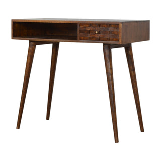 Caspar Writing Desk Mango Wood Tile-Carved Drawer Dark Chestnut With Brass Knob
