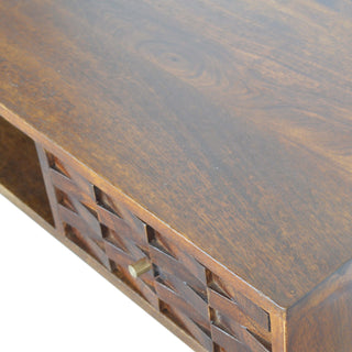 Caspar Writing Desk Mango Wood Tile-Carved Drawer Dark Chestnut With Brass Knob