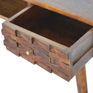 Caspar Writing Desk Mango Wood Tile-Carved Drawer Dark Chestnut With Brass Knob