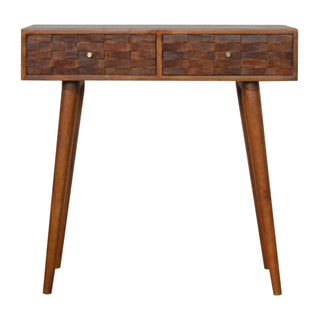 Tova Slim Console Table with Drawers Hand-Carved Tile Relief Nordic Legs Chestnut Mango Wood