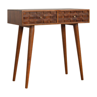 Tova Slim Console Table with Drawers Hand-Carved Tile Relief Nordic Legs Chestnut Mango Wood