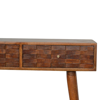 Tova Slim Console Table with Drawers Hand-Carved Tile Relief Nordic Legs Chestnut Mango Wood