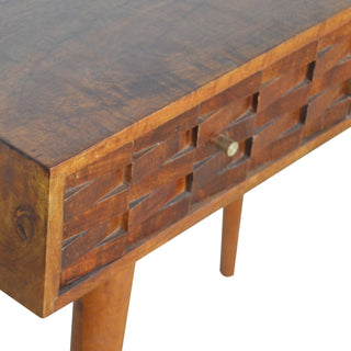 Tova Slim Console Table with Drawers Hand-Carved Tile Relief Nordic Legs Chestnut Mango Wood