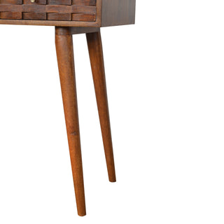 Tova Slim Console Table with Drawers Hand-Carved Tile Relief Nordic Legs Chestnut Mango Wood