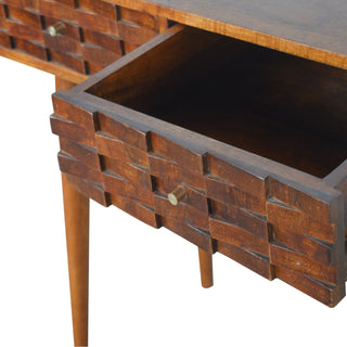 Tova Slim Console Table with Drawers Hand-Carved Tile Relief Nordic Legs Chestnut Mango Wood