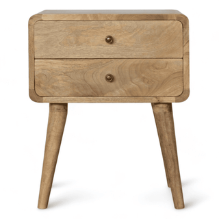Full front view of the light oak mid-century nightstand with two drawers, emphasizing its clean lines and balanced structure.
