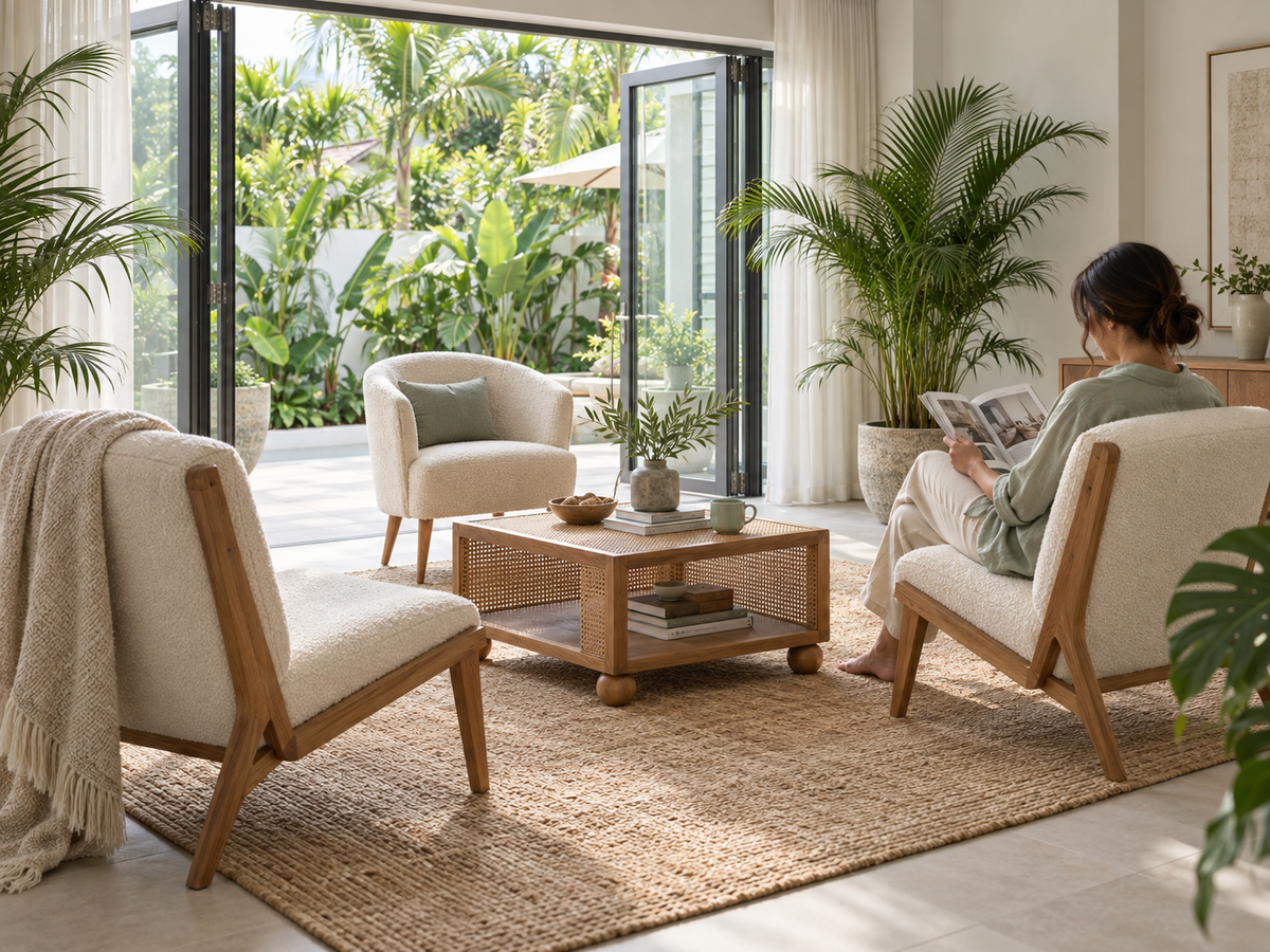 A cozy living room scene with a woman sitting in a cream bouclé armchair reading a magazine. The room features a matching wooden coffee table, a woven jute rug, and other cream and wood furniture pieces, with large potted palm plants and a view of a lush outdoor patio through sliding glass doors.