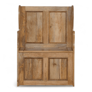 Rustic mango wood monk's bench with high panelled back, wing sides, and lift-up storage seat, front view