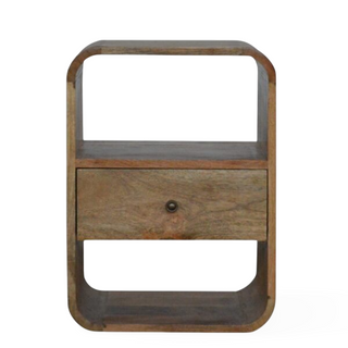 Front view of a handcrafted mango wood nightstand with a curved frame and single drawer.