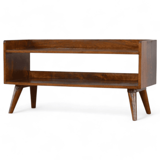 Angled left view of the Mango Wood Shelf Bench highlighting its clean lines and spacious shelves.