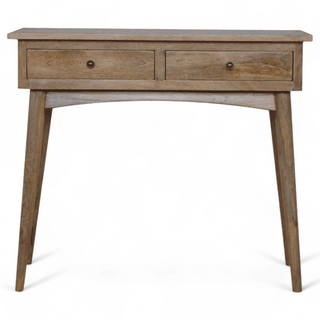 Front view of a mid-century modern console table with two drawers, sleek tapered legs, and a natural wood finish, highlighting its minimalist design.
