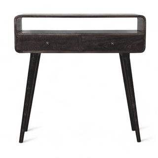 Front view of a mid-century modern console table with a dark wood finish, two spacious drawers with minimalist knobs, and an open shelf for versatile storage options.