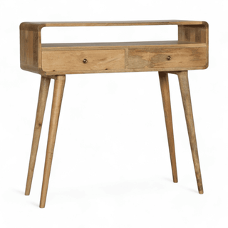 Right-angled view of a mid-century modern console table featuring a natural wood finish, two drawers with minimalist knobs, and tapered legs for a sleek and timeless look.
