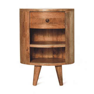 Front view of a mid-century modern nightstand with a half-moon design, featuring a single drawer and two open shelves, crafted in natural mango wood.