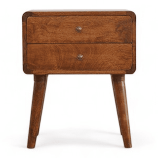 Front view of a mid-century modern nightstand with two drawers, crafted from solid mango wood with a chestnut finish and tapered legs.