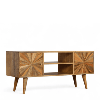 Sunrise TV stand with sunburst door panels and open centre shelf shown at a front three-quarter angle