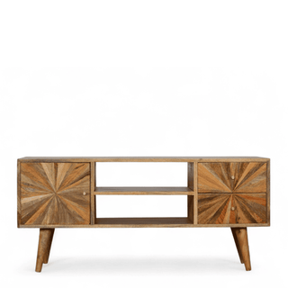 Mid-Century Modern solid wood Sunrise TV stand with sunburst pattern doors, open shelving, and tapered legs, front view