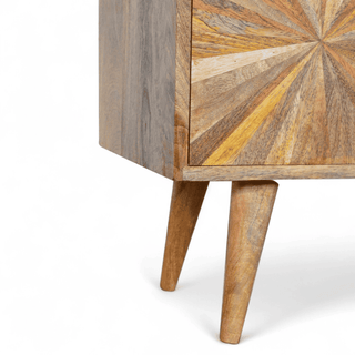 Close-up of the tapered wooden splayed legs on the Sunrise TV stand