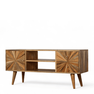 Solid wood Sunrise TV stand with sunburst pattern doors and tapered legs shown from the opposite angle