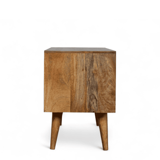 Side profile of the Sunrise TV stand showing the sunburst door panel and tapered leg design