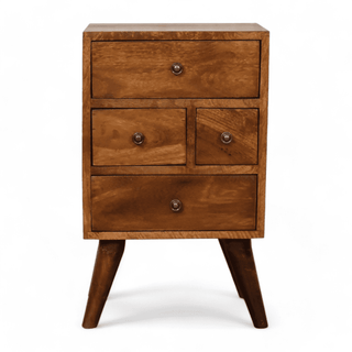 Mid-century solid wood chest of drawers, straight front view emphasizing smooth wooden finish and round knobs