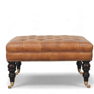Studded Buffalo Tan Leather Ottoman with Castor Legs