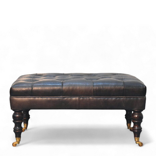 Buffalo Ash Black Leather Ottoman with Castor Legs