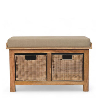 Mid-Century Modern Linen Storage Bench with Rattan Baskets