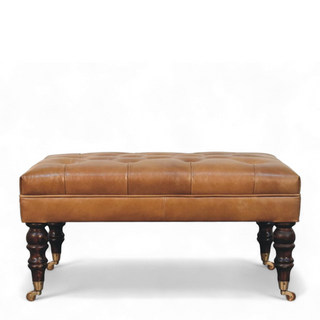 California Walnut Buffalo Green Leather Ottoman with Castor Legs