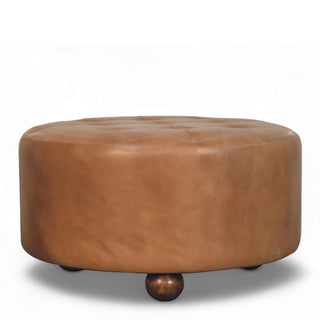 Brown Buffalo Hide Leather Round Ottoman