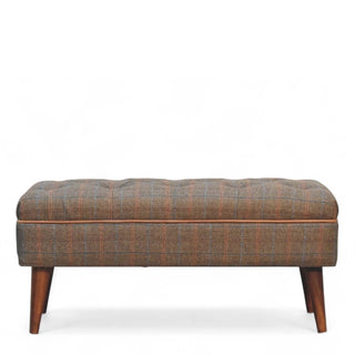Mid-Century Modern Tweed Upholstered Bench with Leather Piping