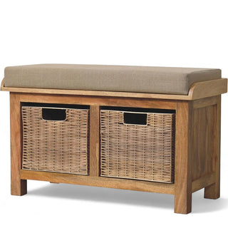 Mid-Century Modern Linen Storage Bench with Rattan Baskets