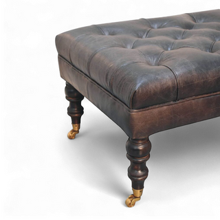 Buffalo Ash Black Leather Ottoman with Castor Legs