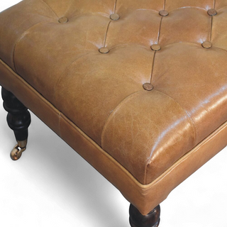 California Walnut Buffalo Green Leather Ottoman with Castor Legs