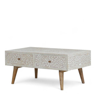 Light Taupe Floral Bone Inlay Coffee Table | Handmade