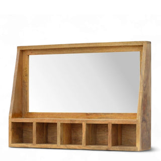 Solid Wood Wall Mounted Shelf with Mirror | 5-Slot Storage