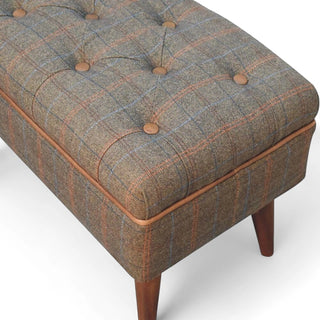 Mid-Century Modern Tweed Upholstered Bench with Leather Piping