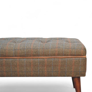 Mid-Century Modern Tweed Upholstered Bench with Leather Piping
