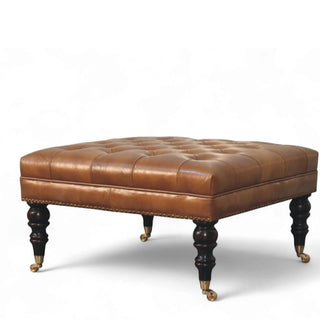 Studded Buffalo Tan Leather Ottoman with Castor Legs