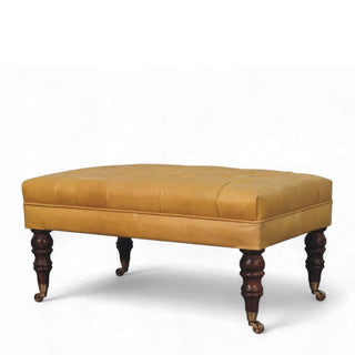 Honey Caramel Buffalo Black Leather Ottoman with Castor Legs