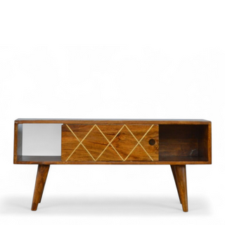 Sliding Brass Inlay Media Console | Solid Mango Wood
