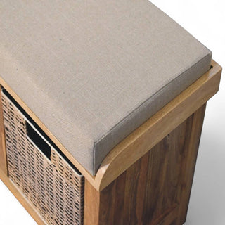 Mid-Century Modern Linen Storage Bench with Rattan Baskets