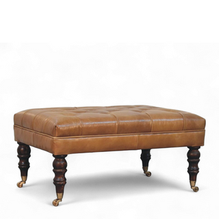 California Walnut Buffalo Green Leather Ottoman with Castor Legs