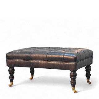 Buffalo Ash Black Leather Ottoman with Castor Legs
