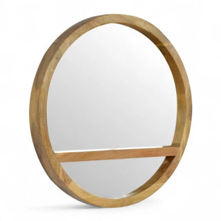 Wooden Round Wall Mirror with Shelf | Solid Mango Wood